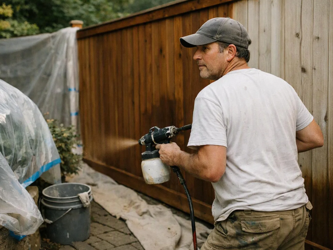 A man in a cap sprays stain onto a wooden fence in a backyard work area
