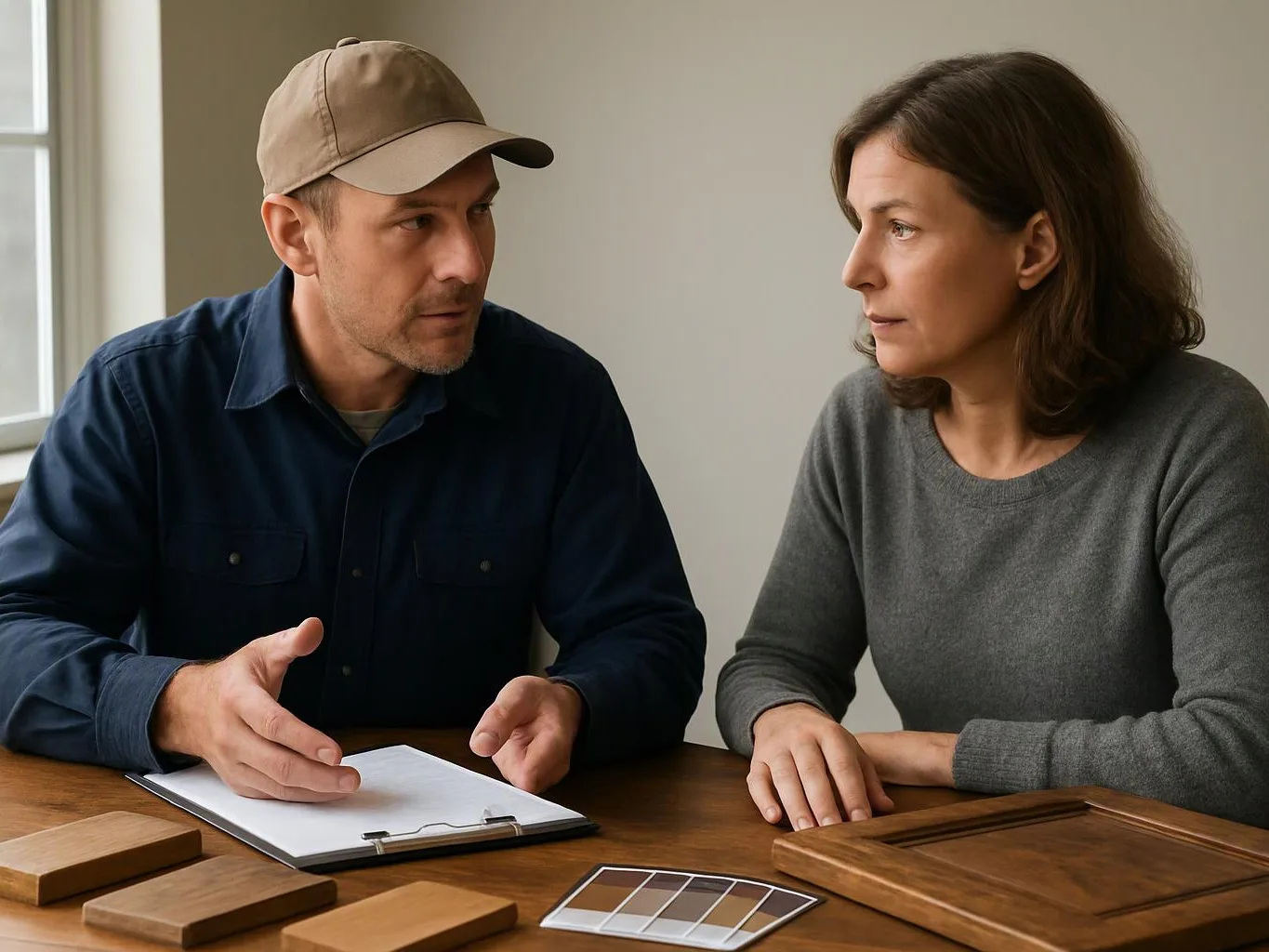 A man in a cap talks across a table with a woman, with wood samples and a clipboard between them