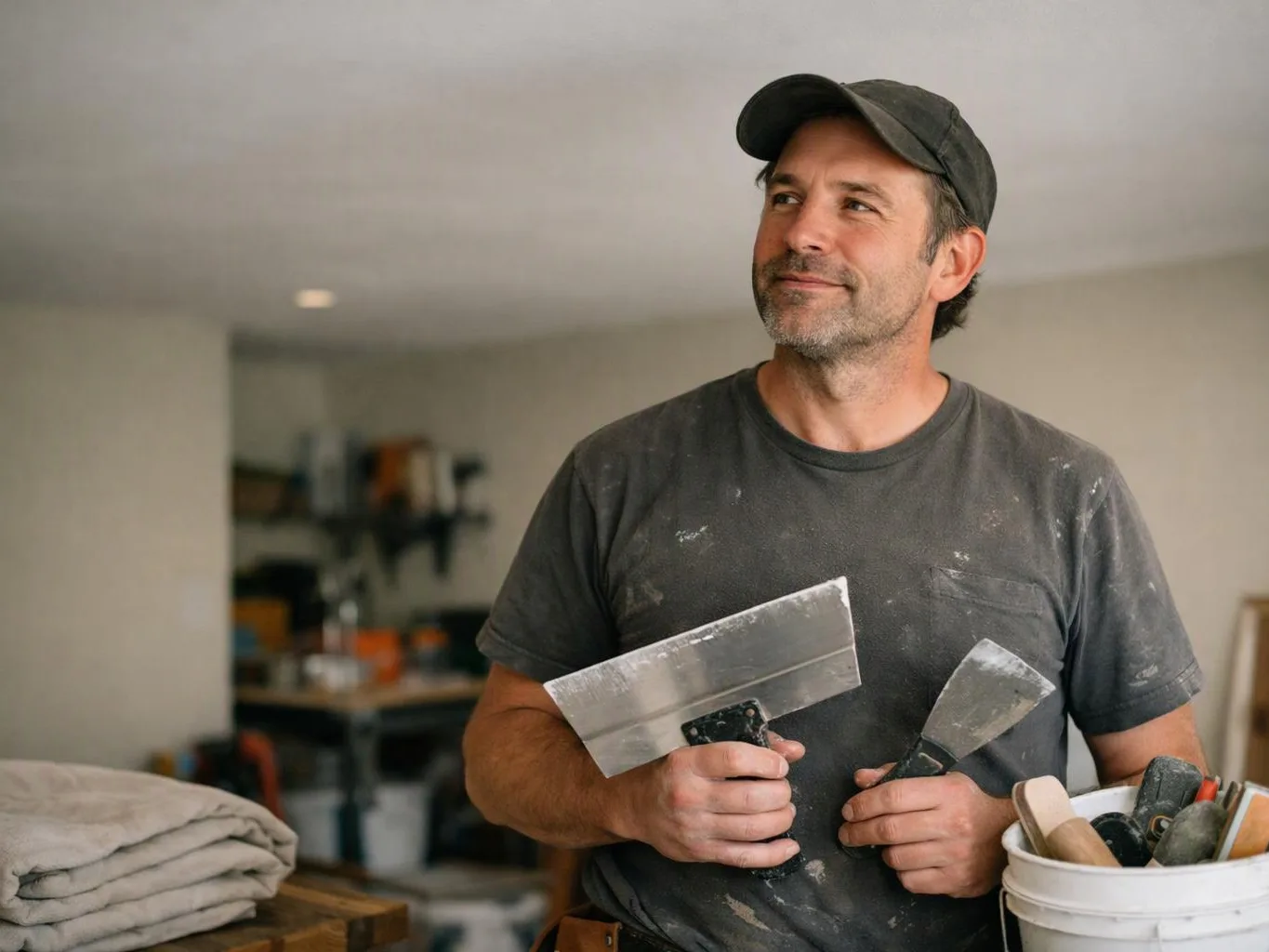 A man in a dusty cap holds two putty knives in a room with tools and folded cloths