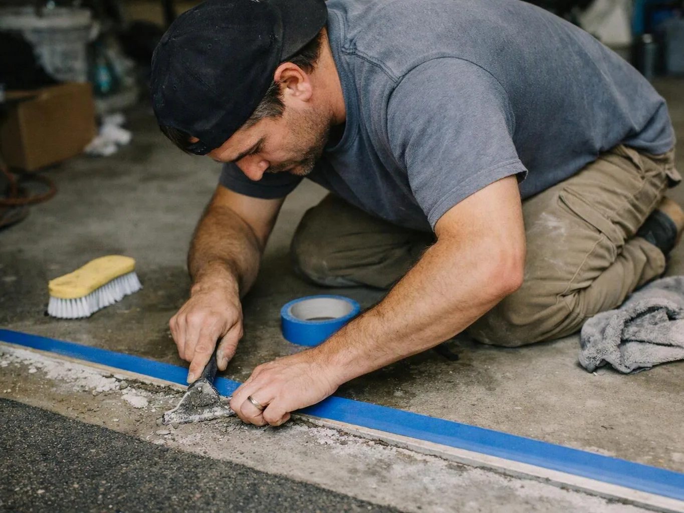 A man kneels on a concrete floor, scraping debris along blue tape with a putty knife