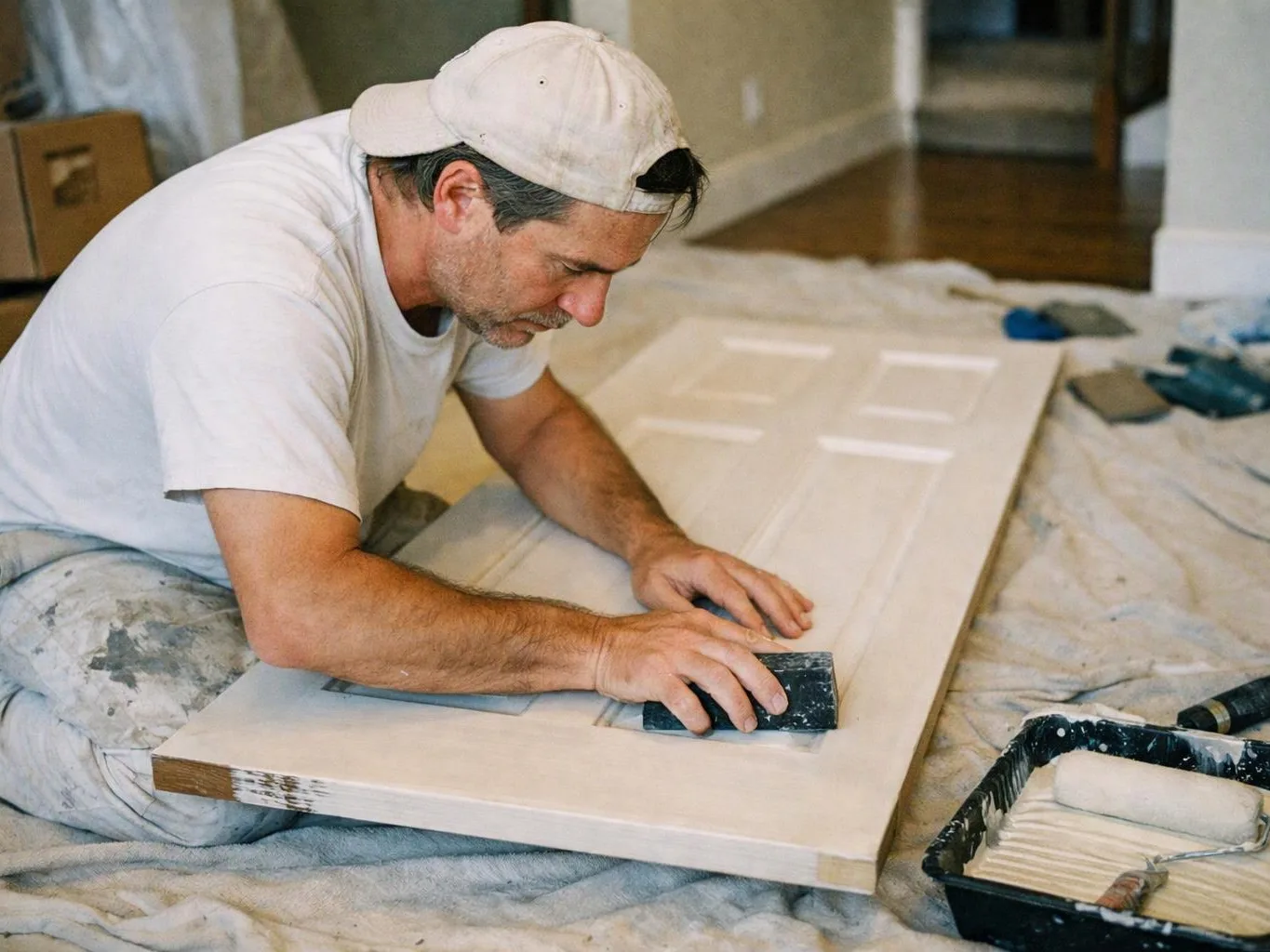 A man kneels on a drop cloth, sanding a white door with a block in a room