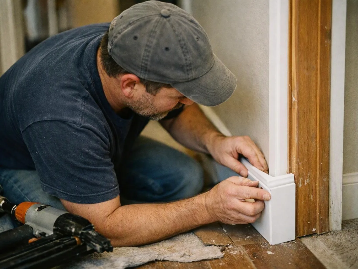 A man kneels on a floor, fitting white baseboard trim beside a wooden doorframe