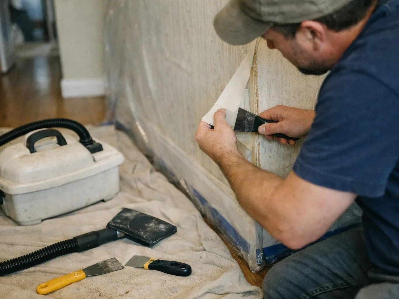 A man kneels by a wall, scraping peeling paint while tools and a vacuum sit on a drop cloth