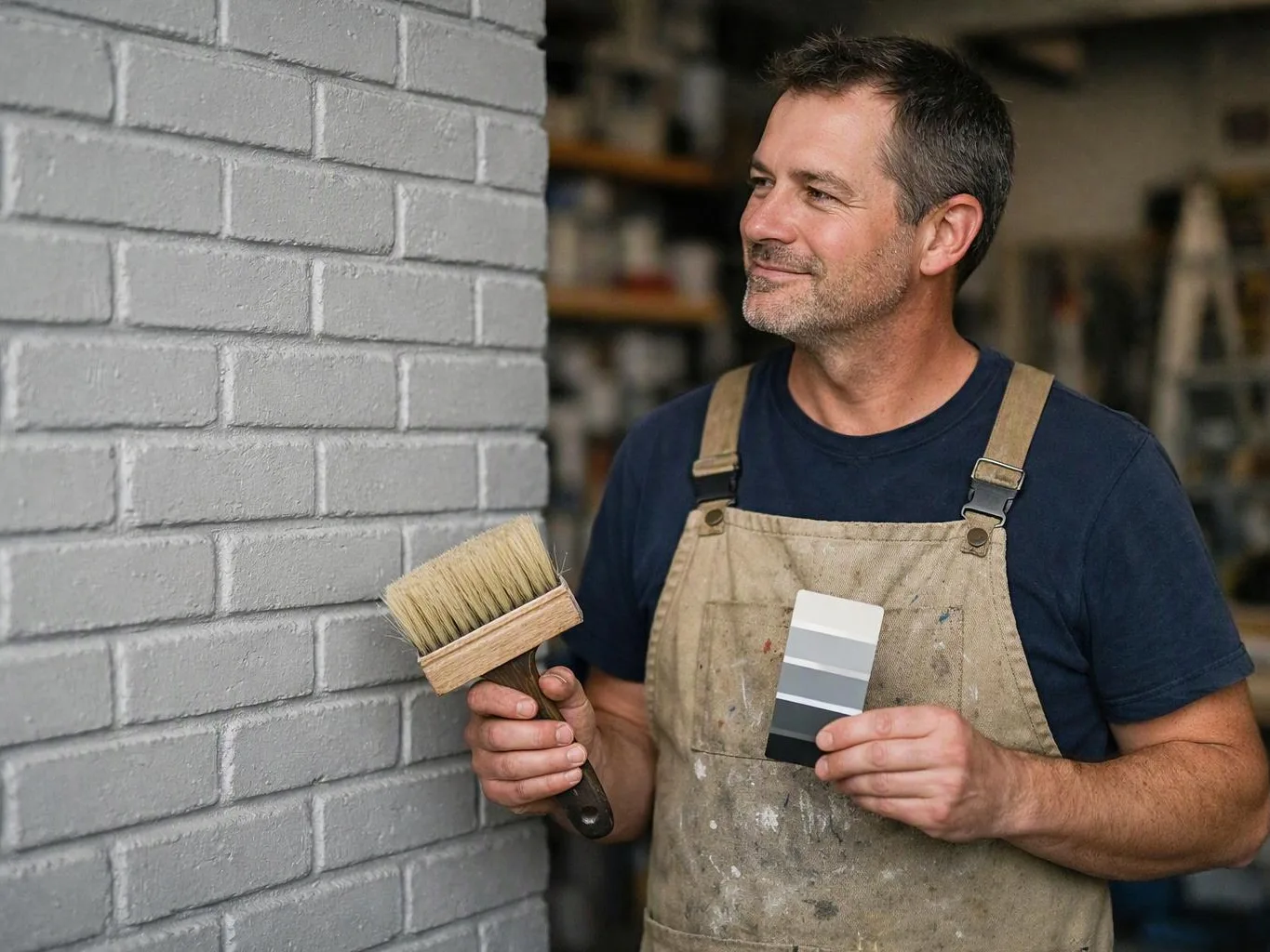 A man in paint-stained overalls holds a brush and gray color swatches beside a freshly painted brick wall