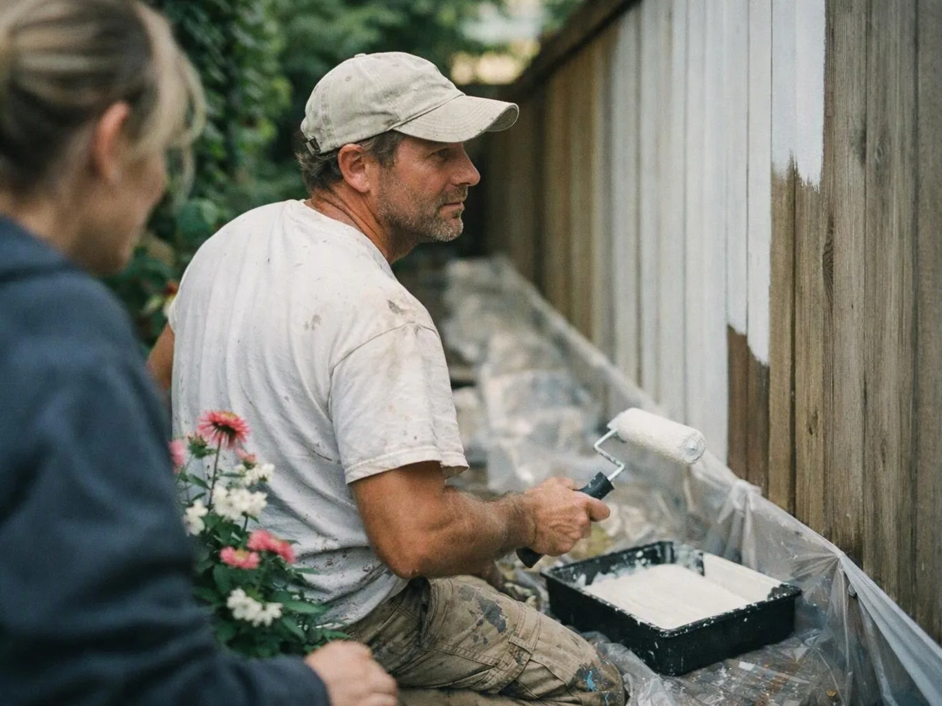 A man paints a wooden fence with a roller while another person watches nearby in a garden
