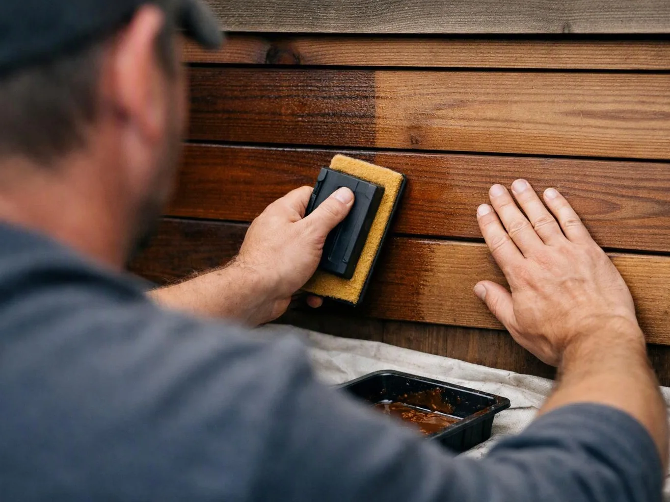 A man sands a wooden wall panel with a hand block while steadying the surface with his other hand