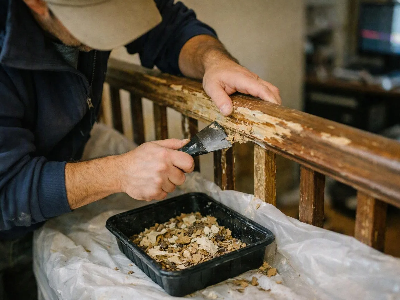 A man scrapes peeling paint from a wooden railing into a black tray indoors