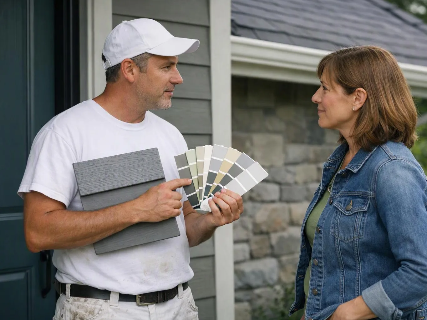 A man shows paint and siding samples to a woman beside a house exterior