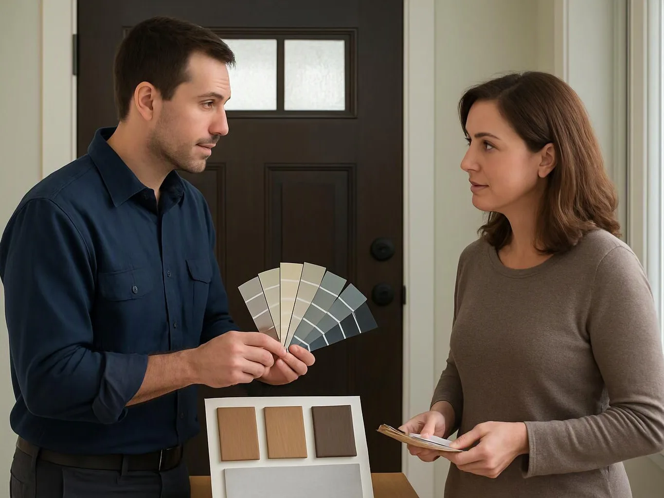 A man shows paint swatches to a woman beside a dark front door inside a bright entryway