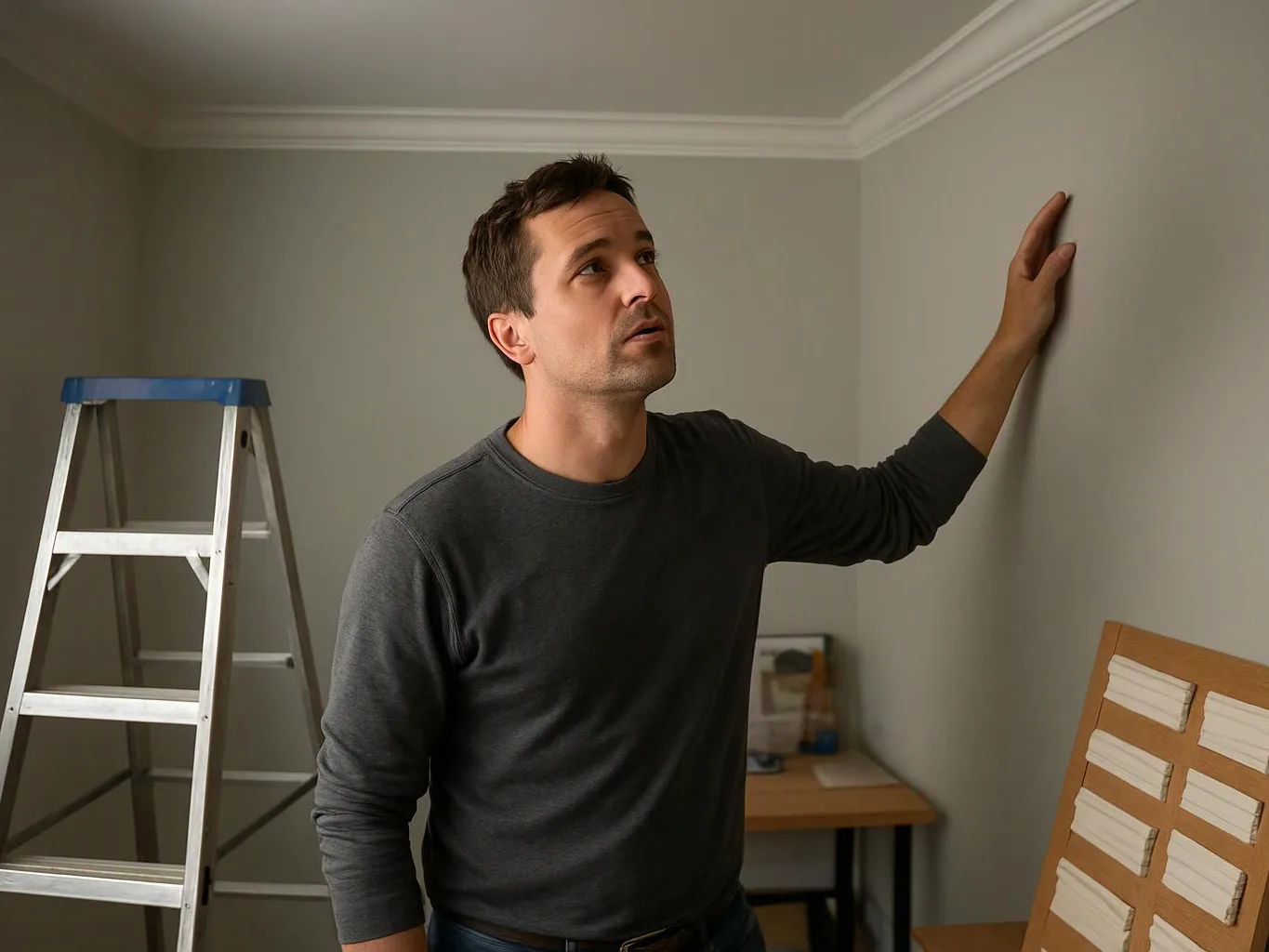 A man studies a wall in a room with a ladder and paint sample board