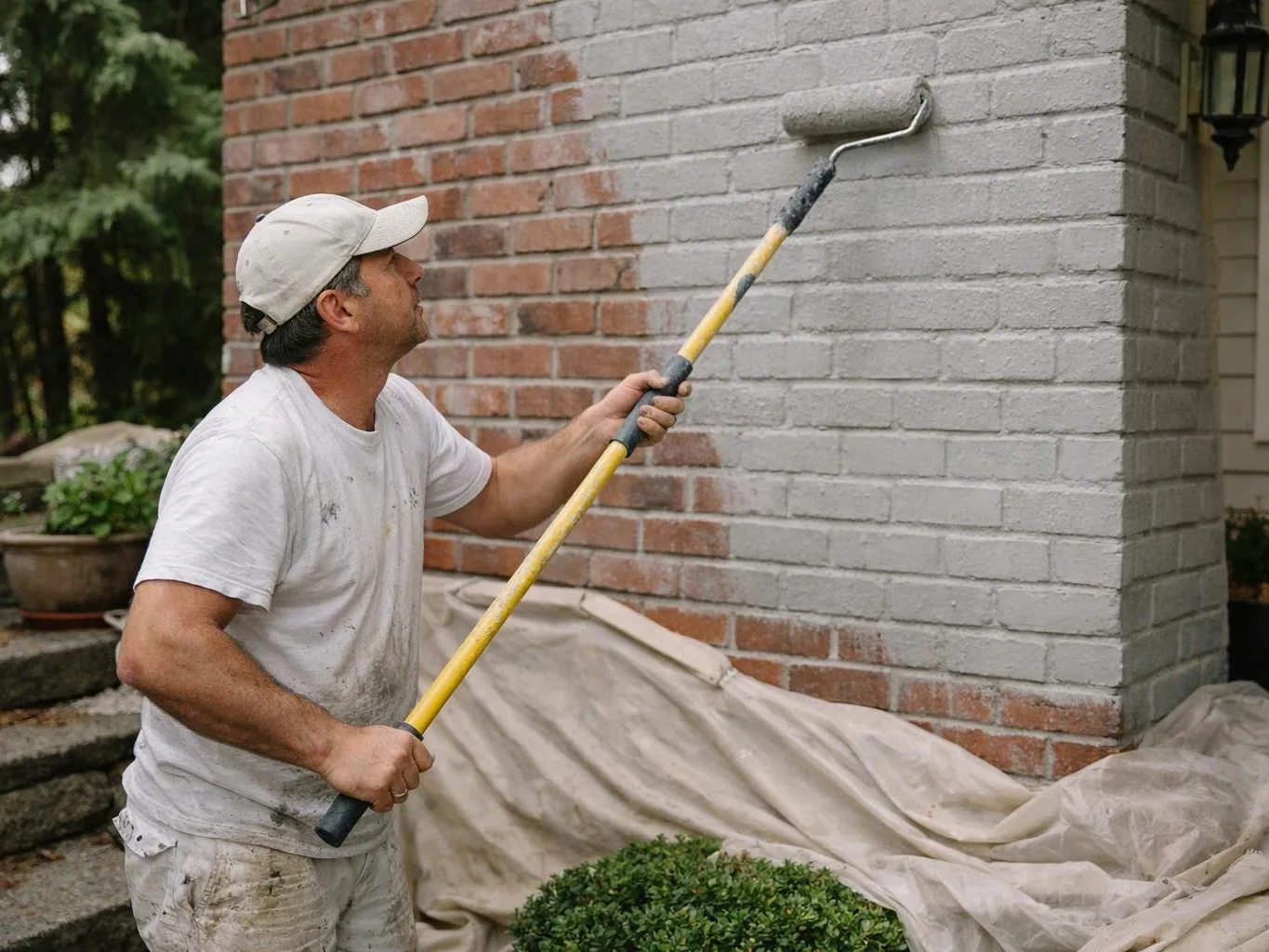A man in a white cap paints a brick wall gray with a long roller outdoors