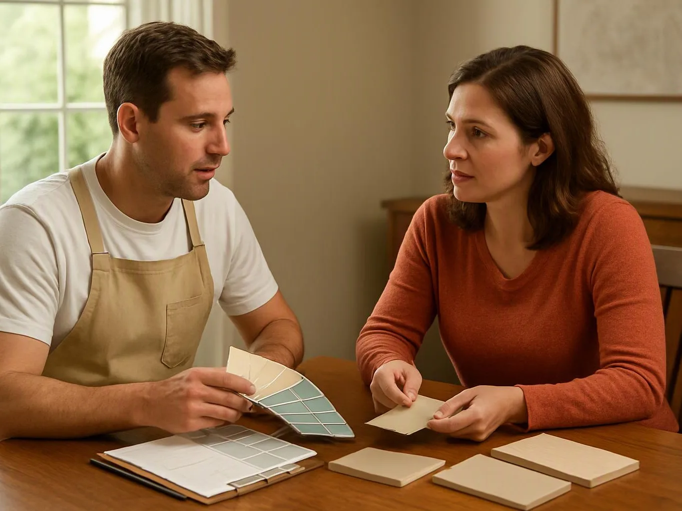 A man and woman compare paint swatches at a wooden table in a bright room
