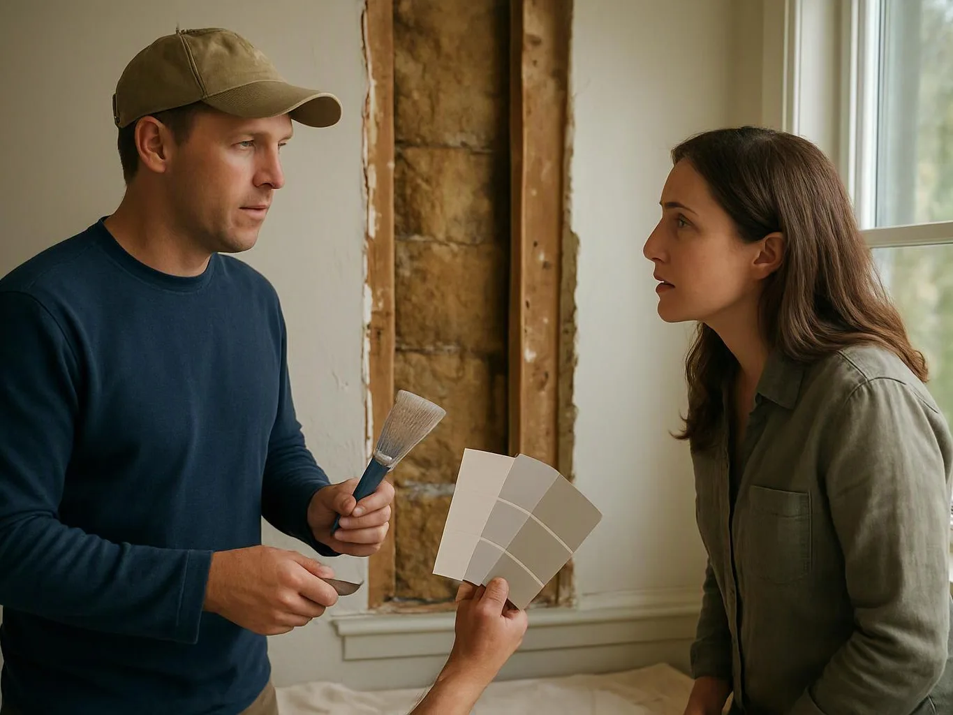 A man and woman discuss paint samples beside an exposed wall inside a room