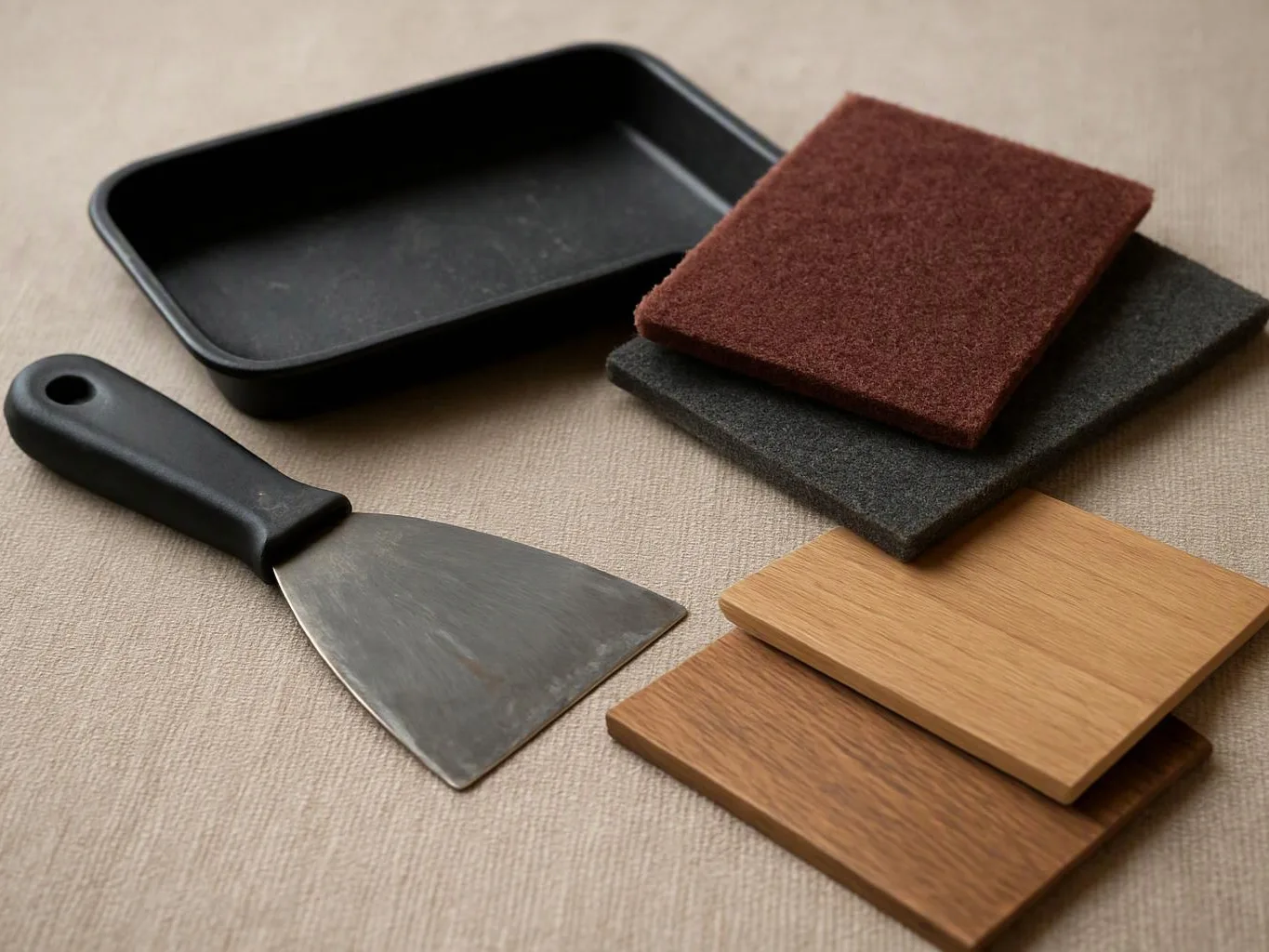 A metal putty knife lies beside a black tray, sanding pads, and two stacked wood samples on fabric