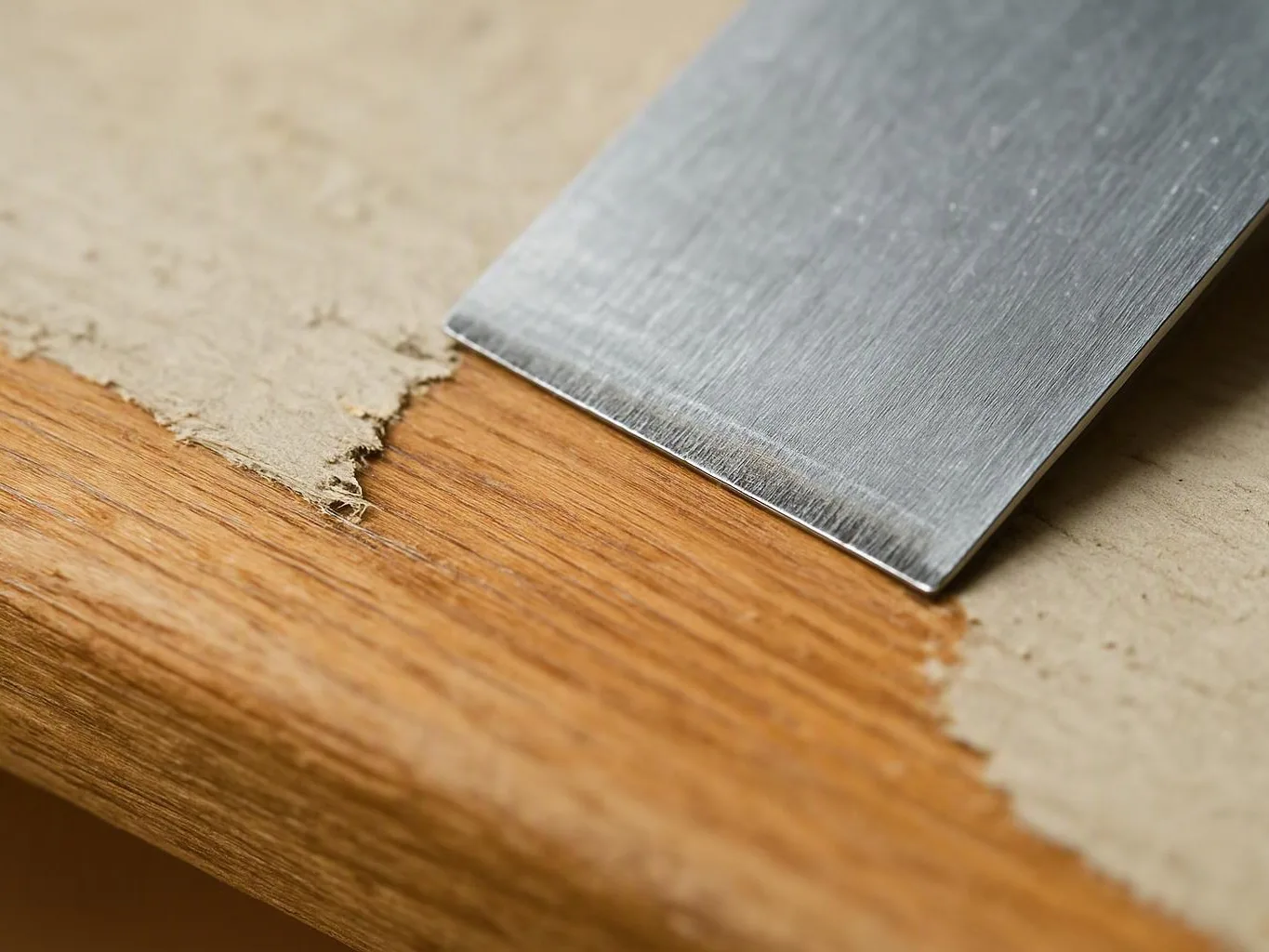 A metal scraper lifts peeling beige paint from a wooden surface