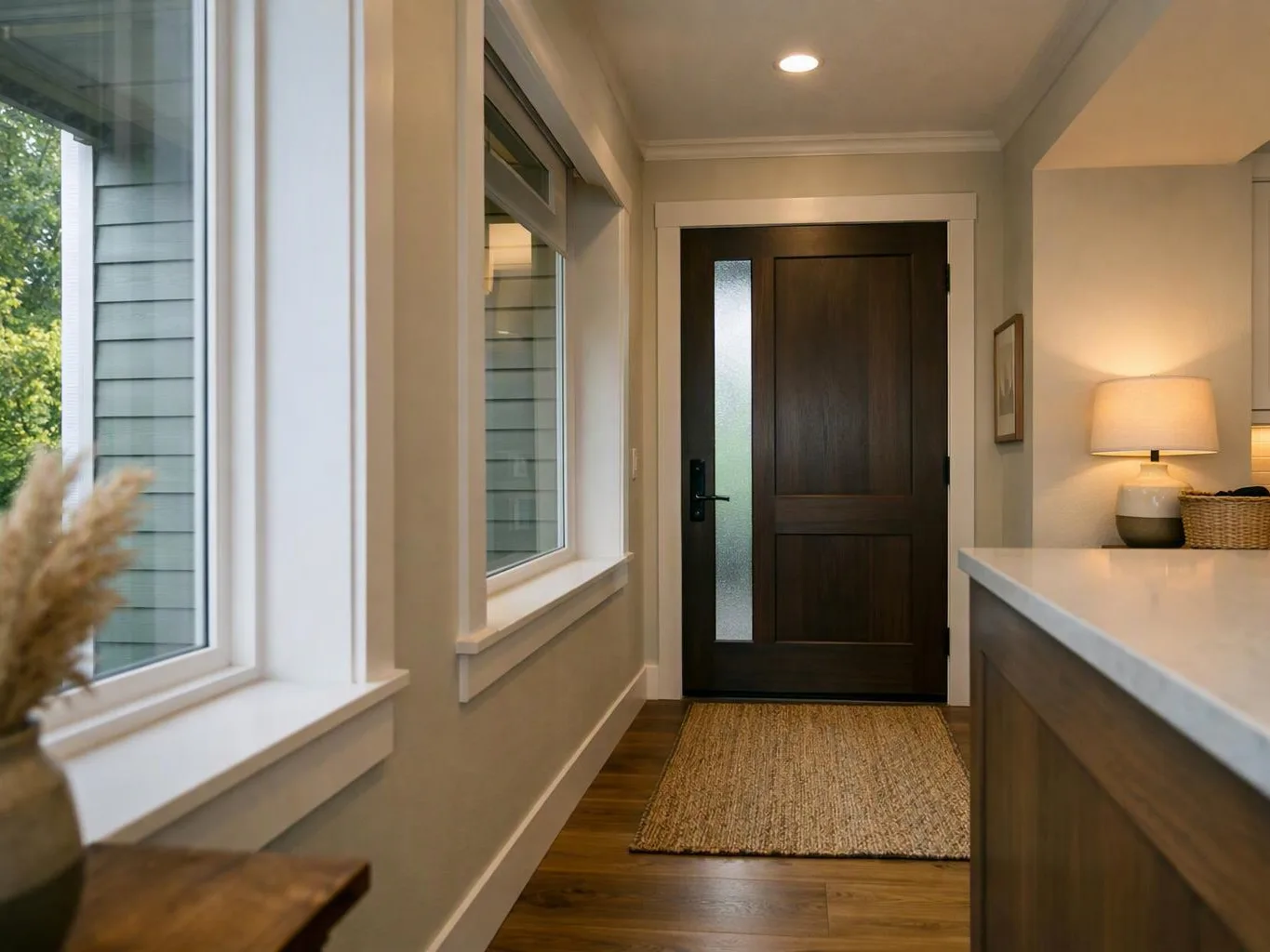 A narrow entry hallway shows a dark front door, windows, a rug, and a lit lamp on a counter