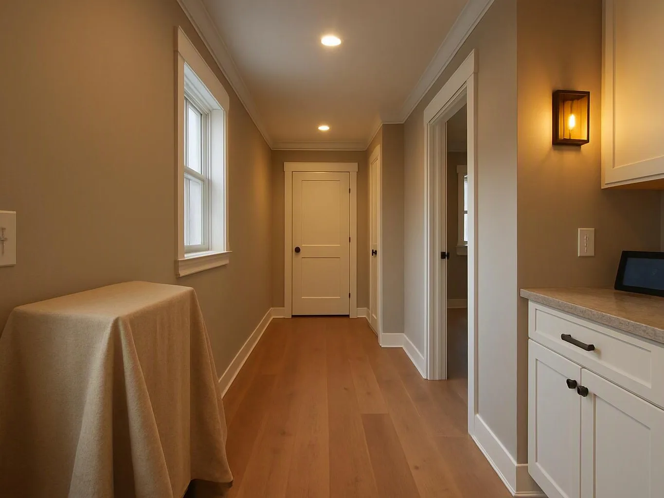 A narrow hallway with wood floors, white doors, a covered table, and warm wall and ceiling lights