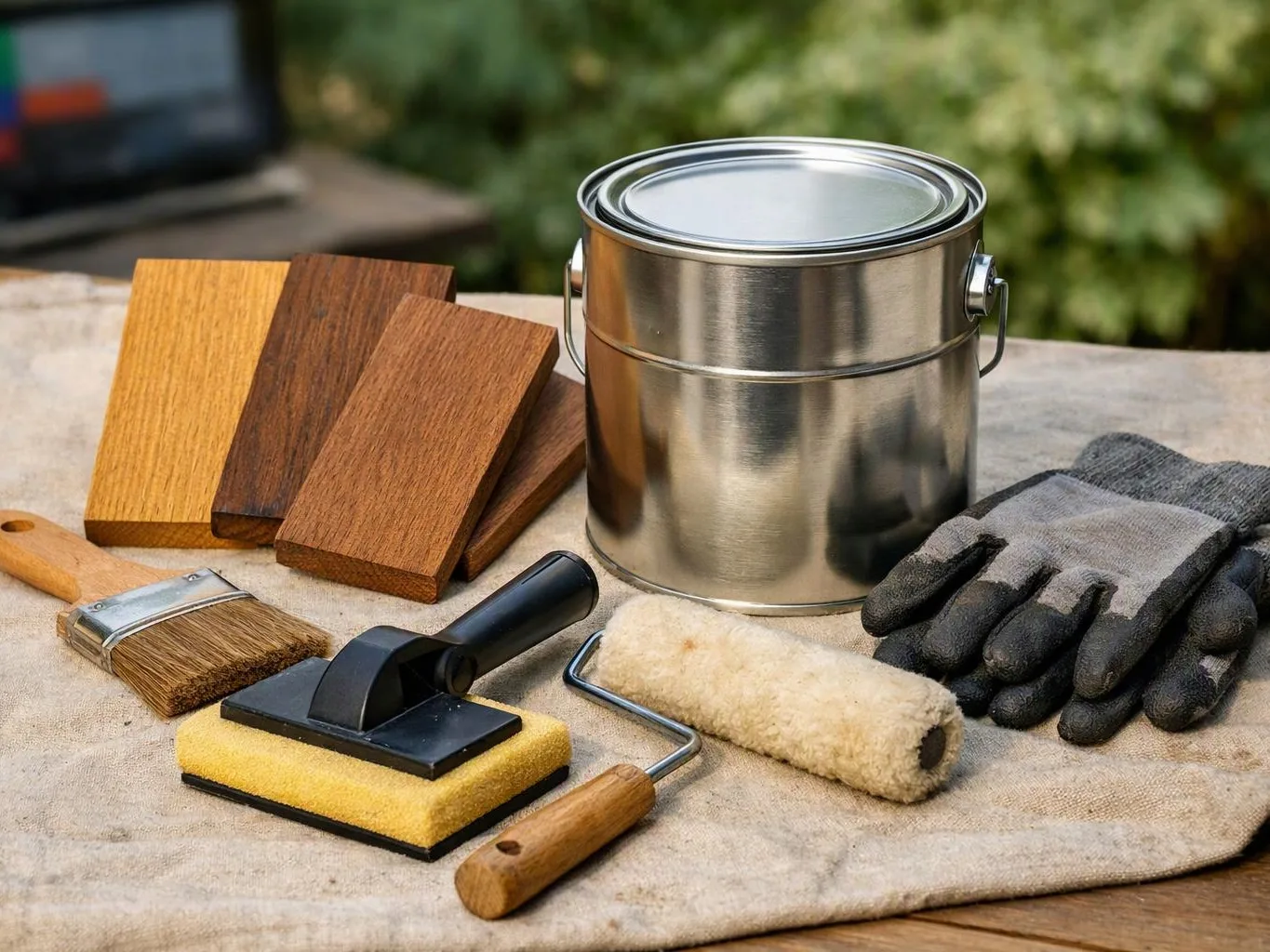 A paint can, brushes, roller, stain samples, and gloves sit on a cloth-covered work surface outdoors