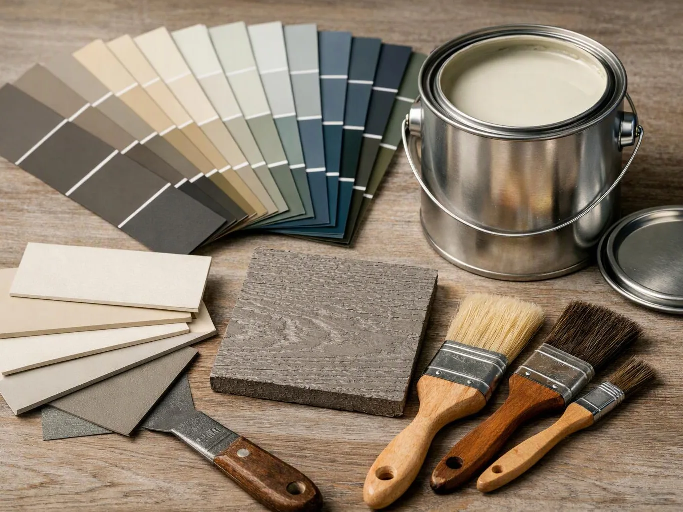 Paint color swatches, sample boards, a paint can, and brushes are arranged on a wooden surface