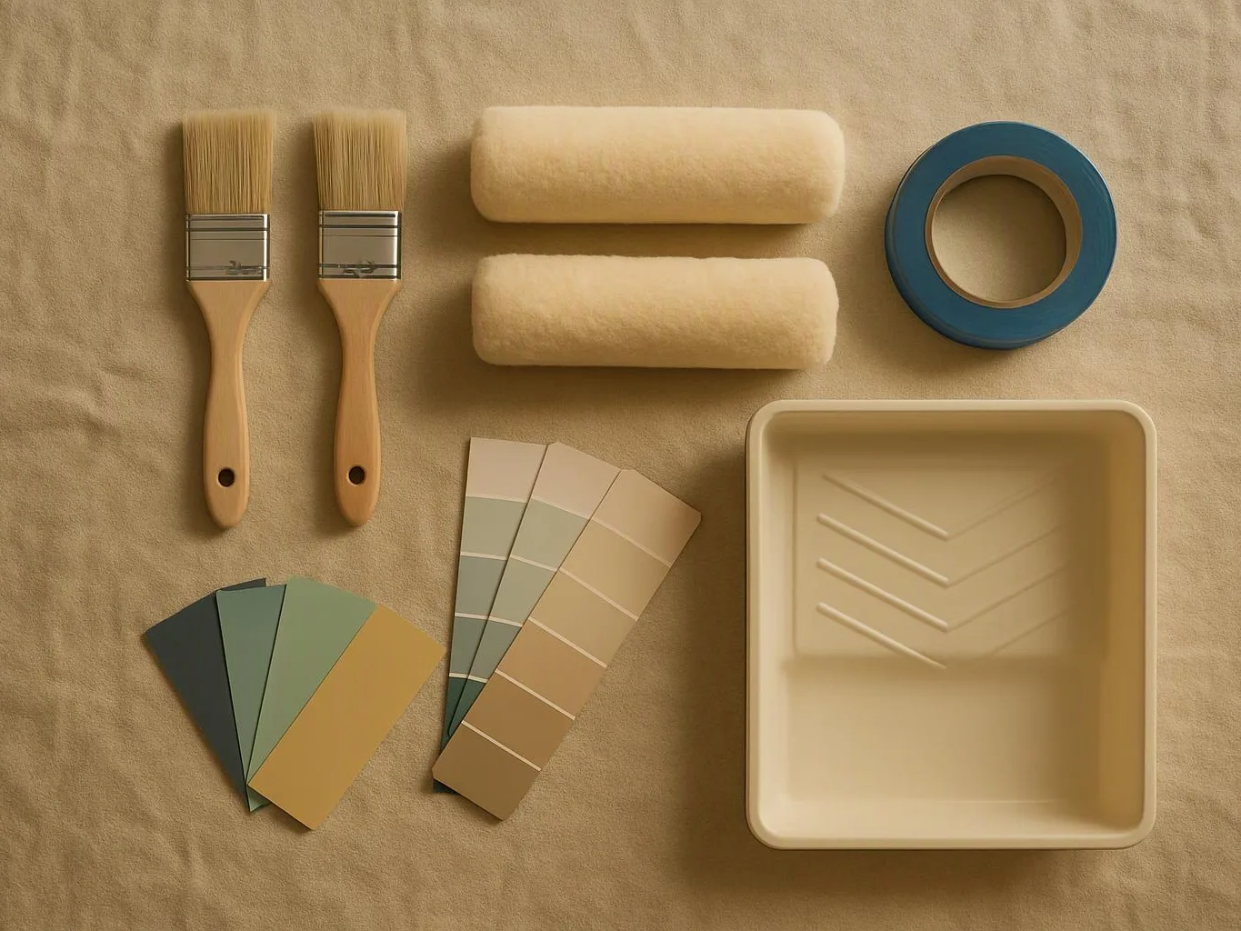 Paint rollers, paintbrushes, color swatches, tape, and a paint tray rest on a beige cloth backdrop