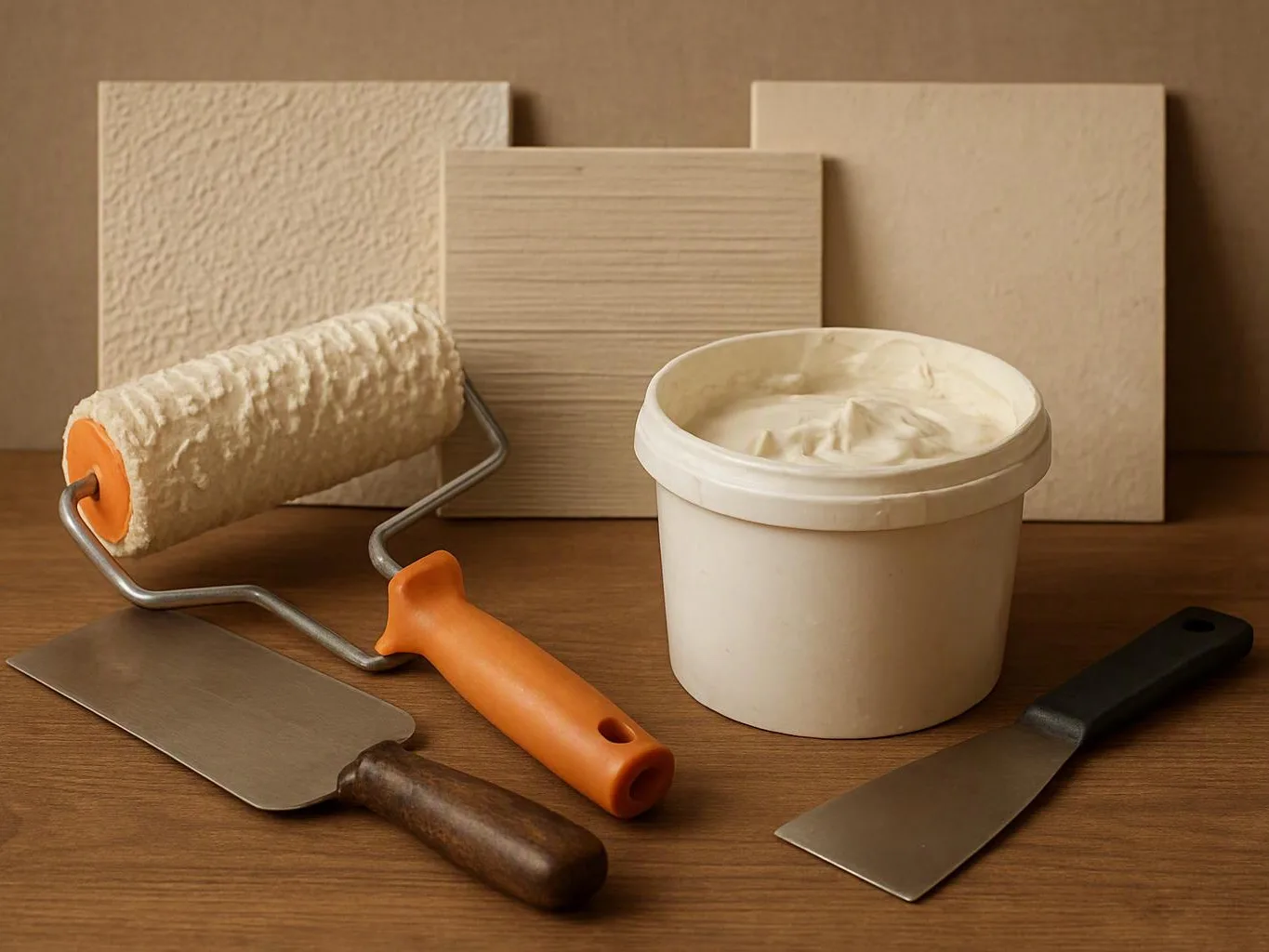 Paint tools and a paint bucket sit on a wooden surface beside three sample boards