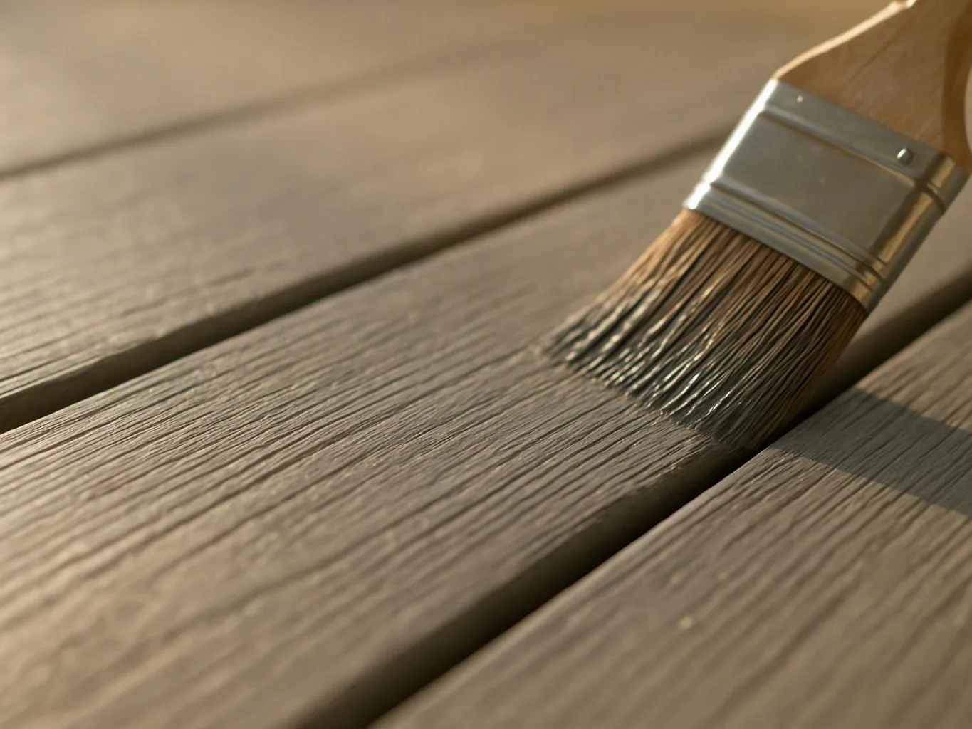 A paintbrush applies finish to a wooden plank surface in warm light