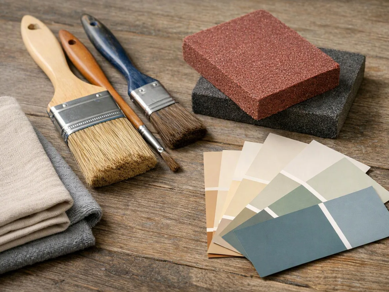 Paintbrushes, sandpaper blocks, folded fabric, and paint color swatches rest on a wooden tabletop