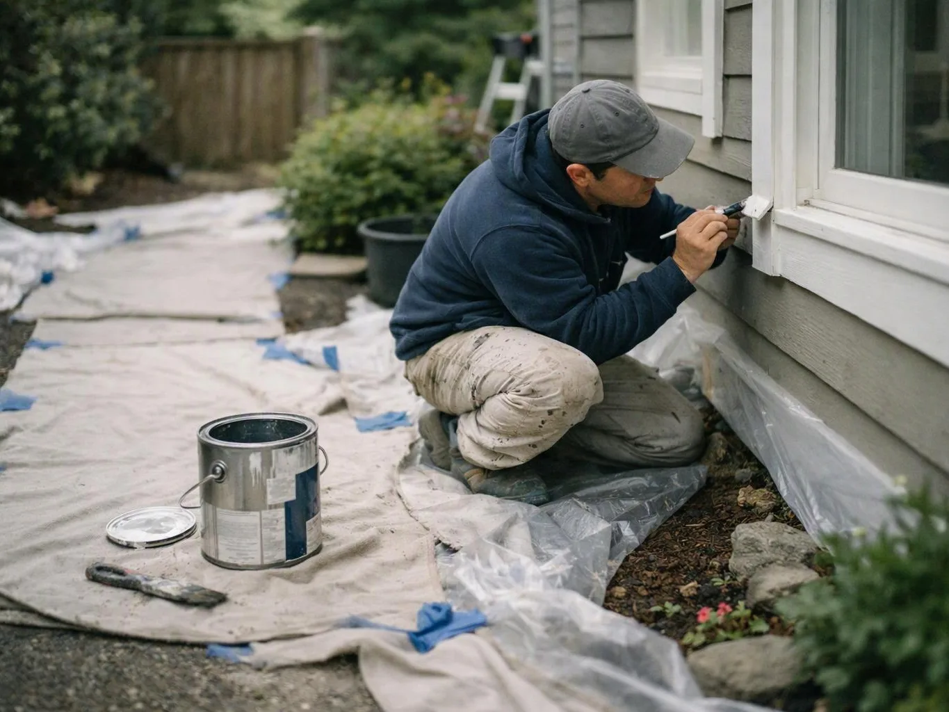 A painter kneels beside a house, brushing trim near a window with a paint can and tools nearby