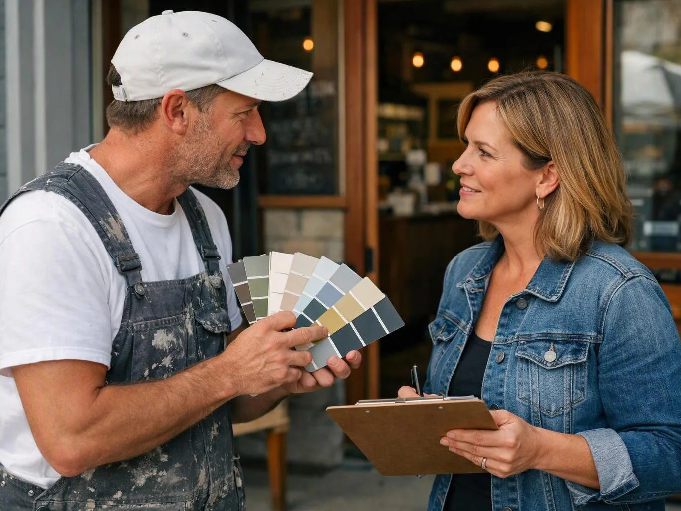 A painter shows color swatches to a woman holding a clipboard outside a storefront