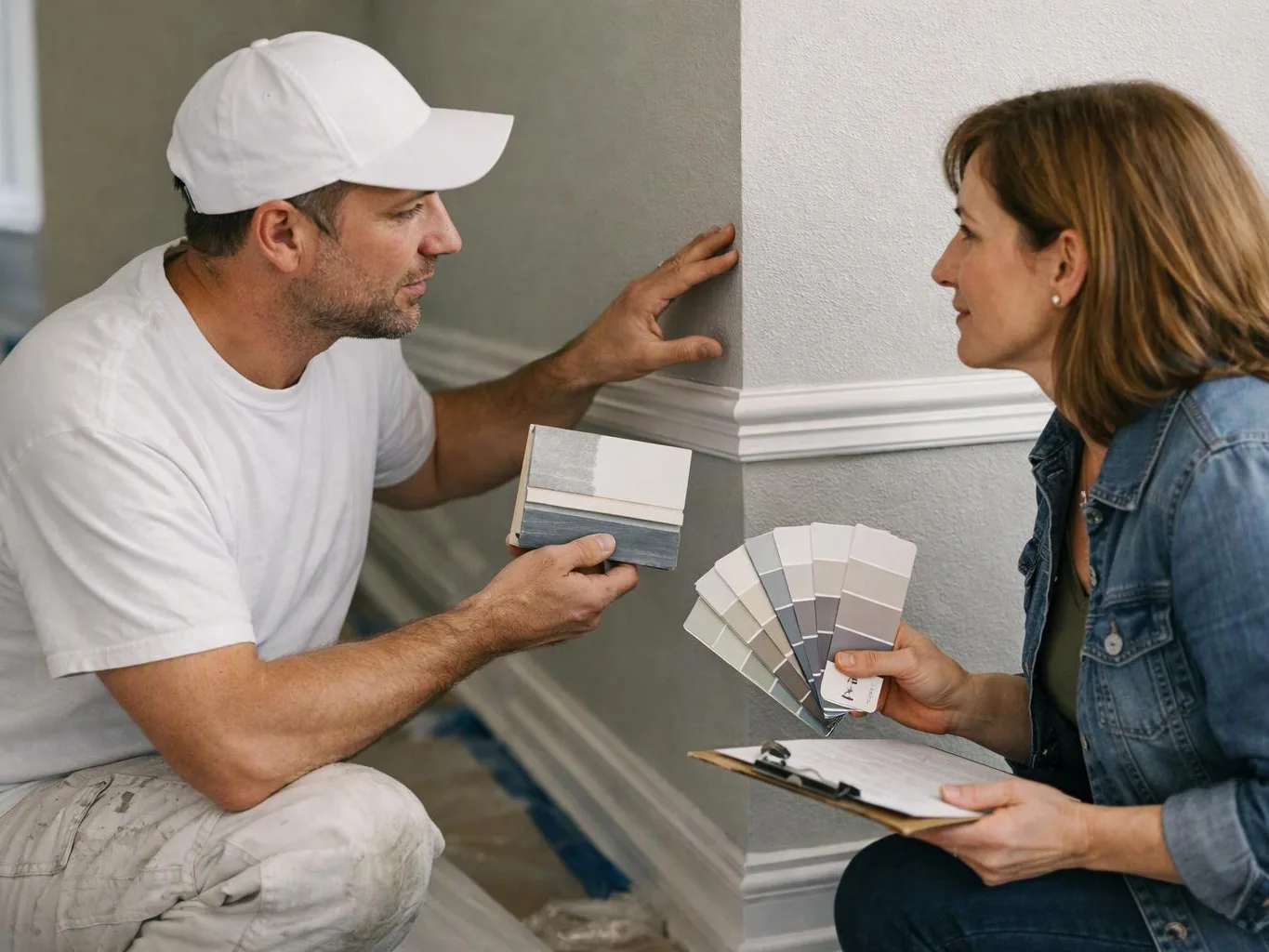 A painter shows paint swatches to a woman beside a freshly painted wall inside a room