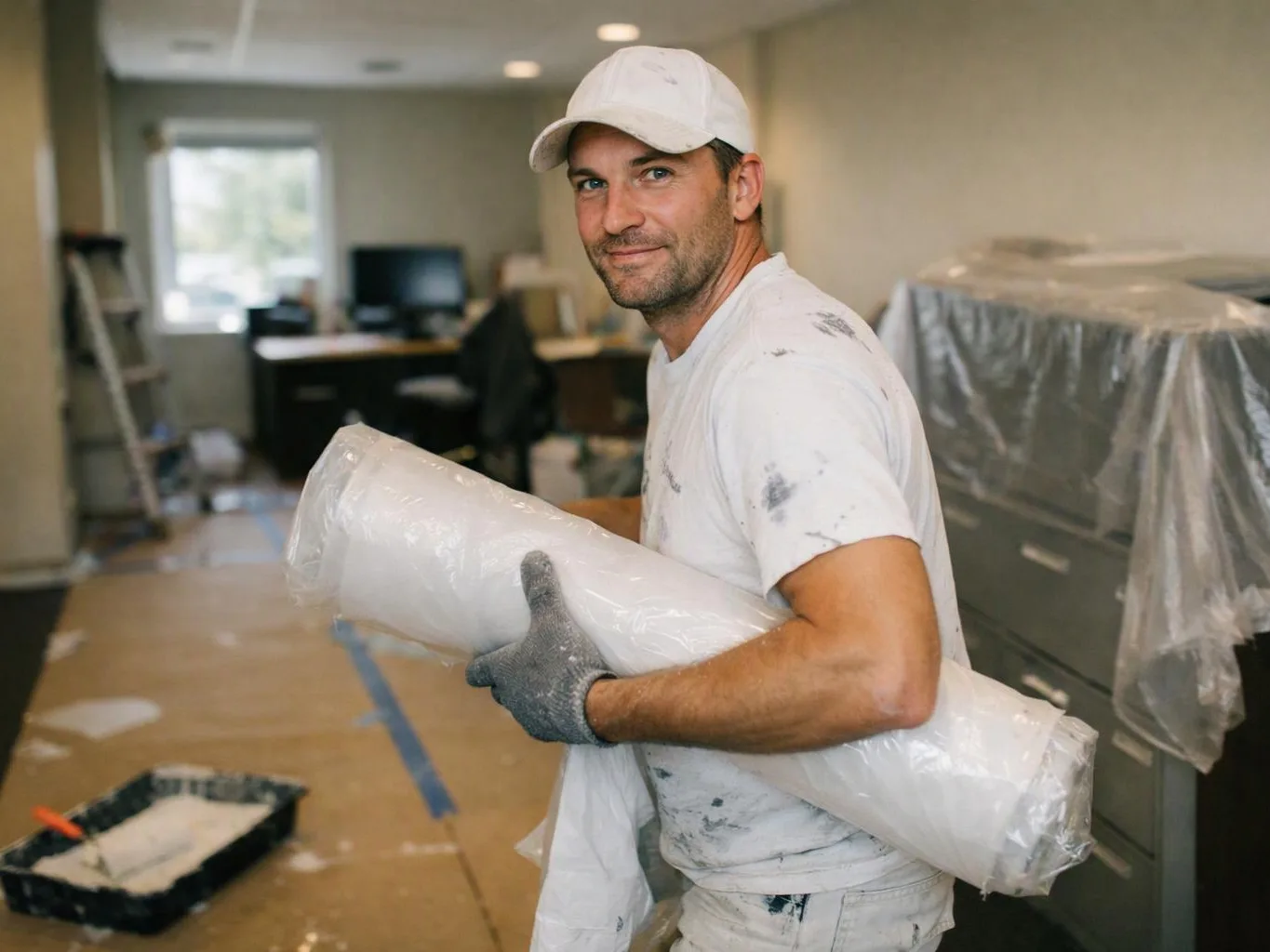 A painter in a white cap carries a rolled plastic-wrapped sheet through a room under renovation