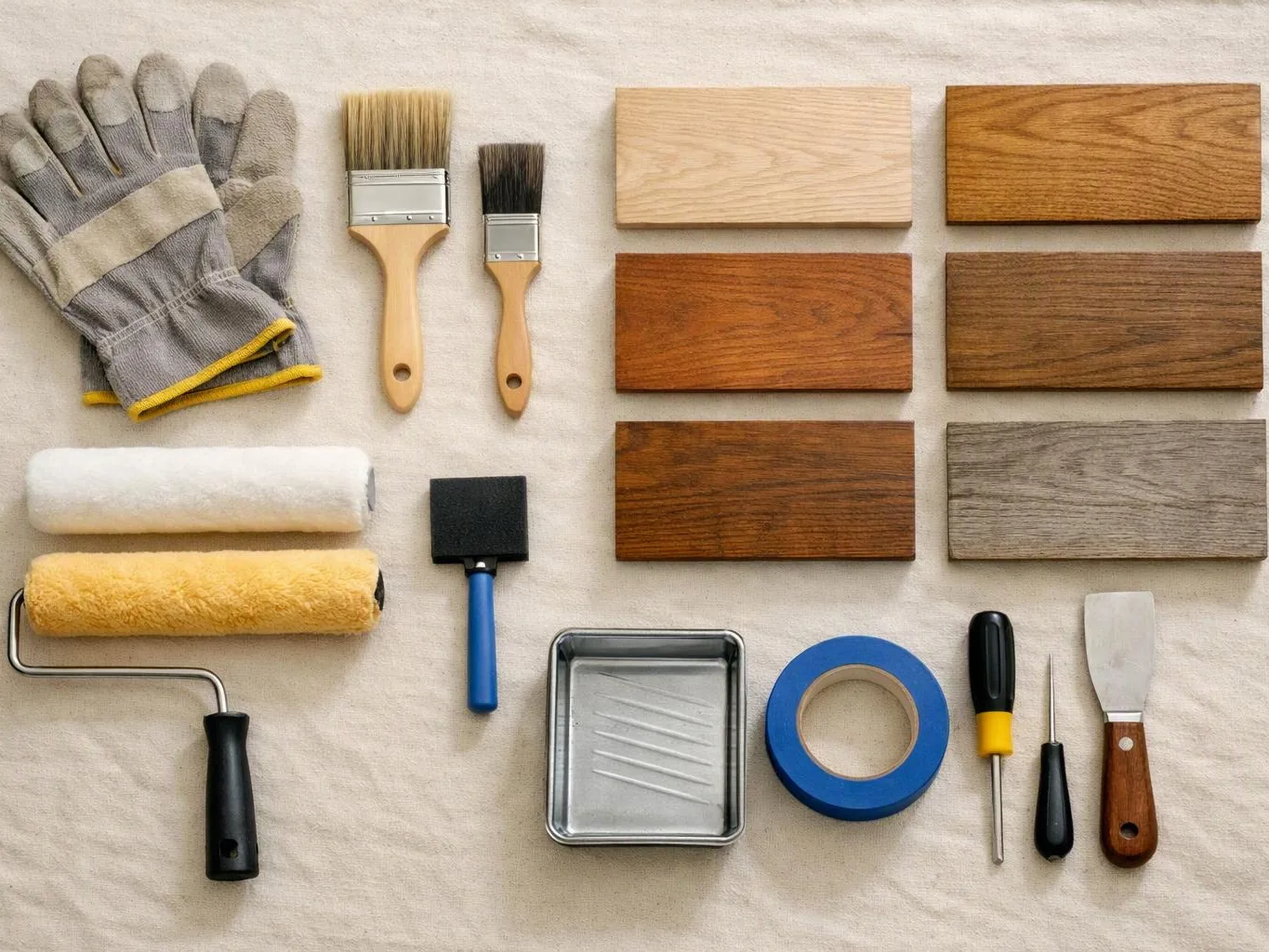 Painting supplies, gloves, rollers, brushes, tape, tray, and wood sample boards arranged on a cloth background