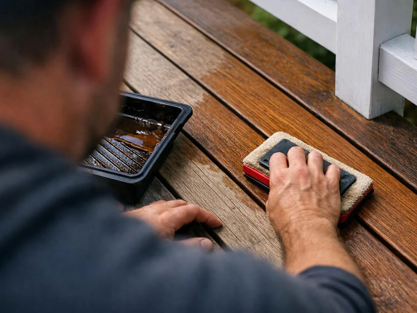 A person hand-scrubs a wet wooden table with a brush and cleaning tray on a porch