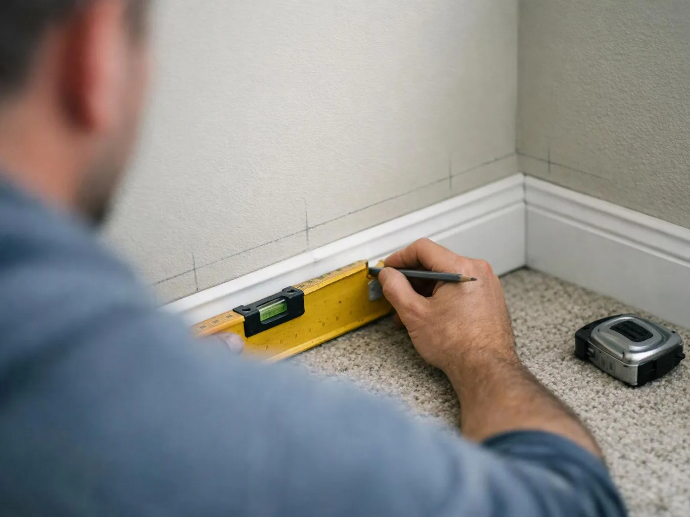 A person marks a wall with a pencil while using a level and tape measure in a carpeted corner