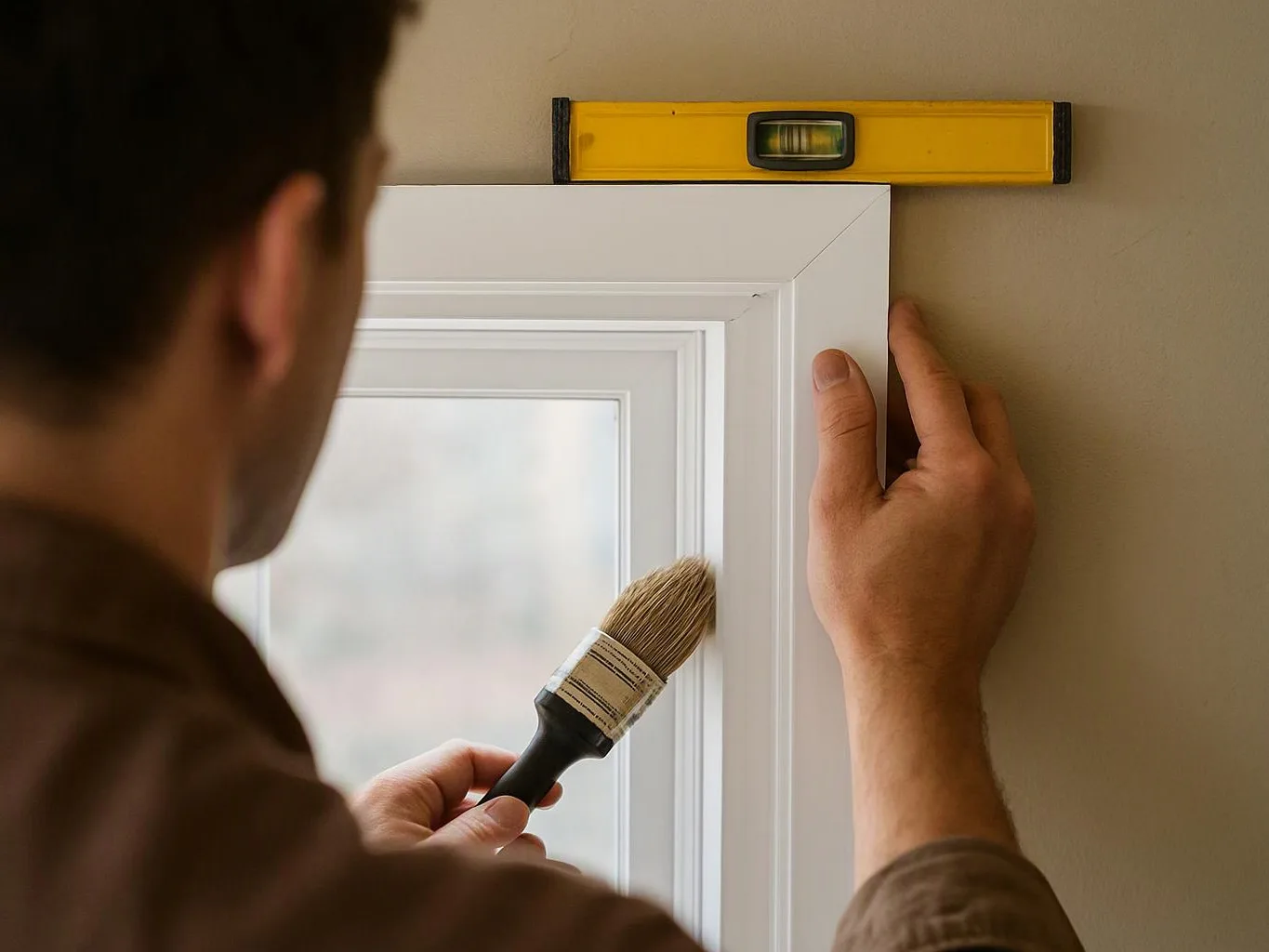 A person measures a white door frame with a level while holding a paintbrush against a beige wall