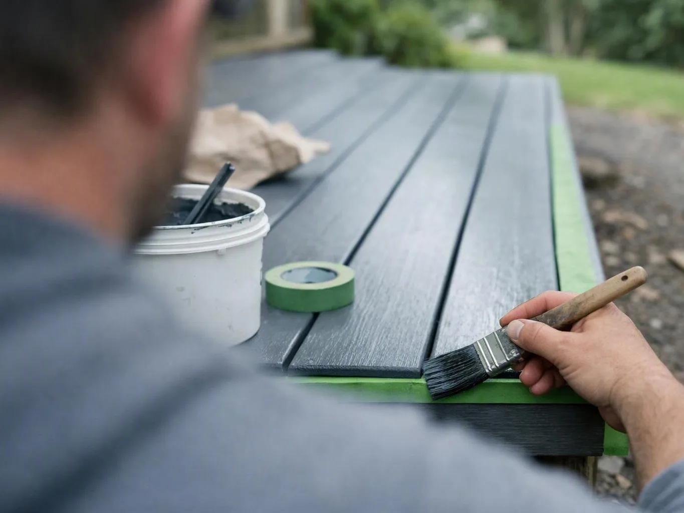 A person paints dark wooden boards on an outdoor table with tape, a brush, and a paint bucket
