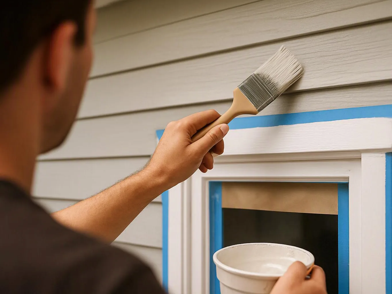 A person paints exterior siding with a brush while holding a paint cup and masking a window with blue tape