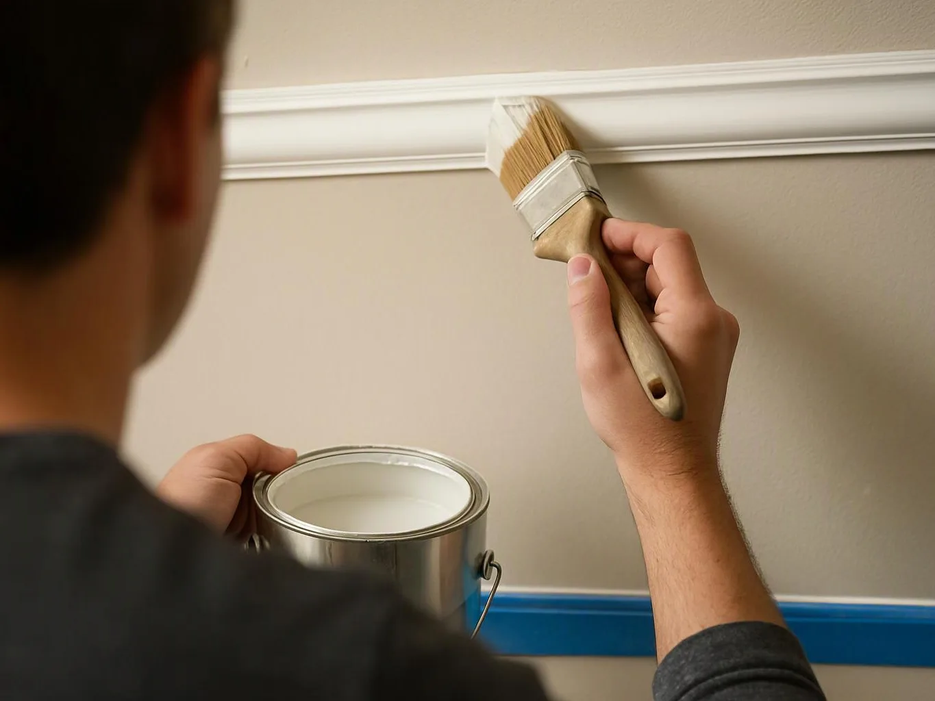 Person paints a wall with a brush while holding an open paint can and blue tape lines the edge