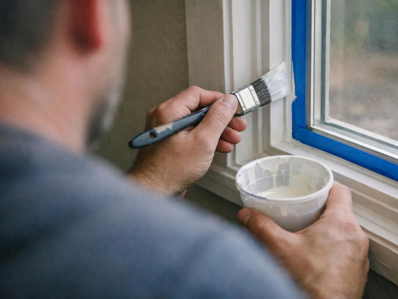 A person paints white trim around a window with blue tape and a brush dipped in a cup