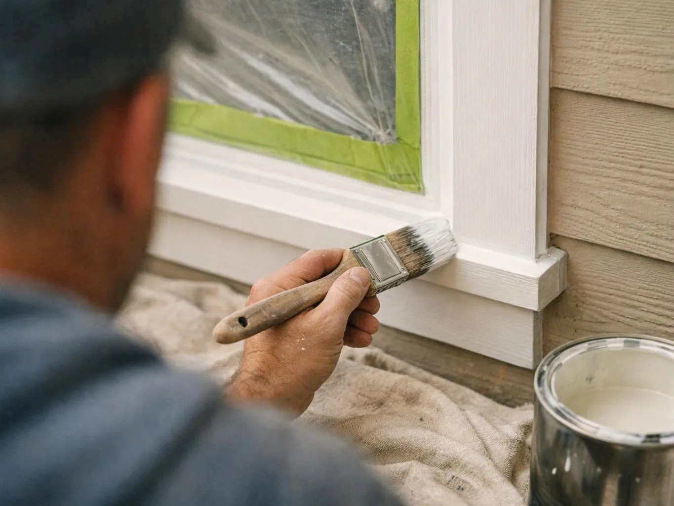 A person paints a white window frame with a brush beside taped plastic sheeting and a paint can