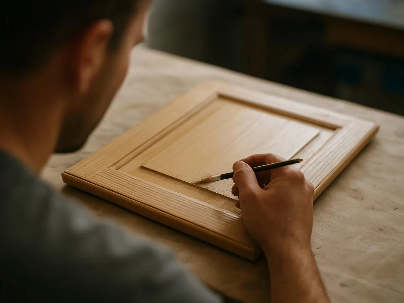 A person paints a wooden cabinet door with a small brush at a worktable
