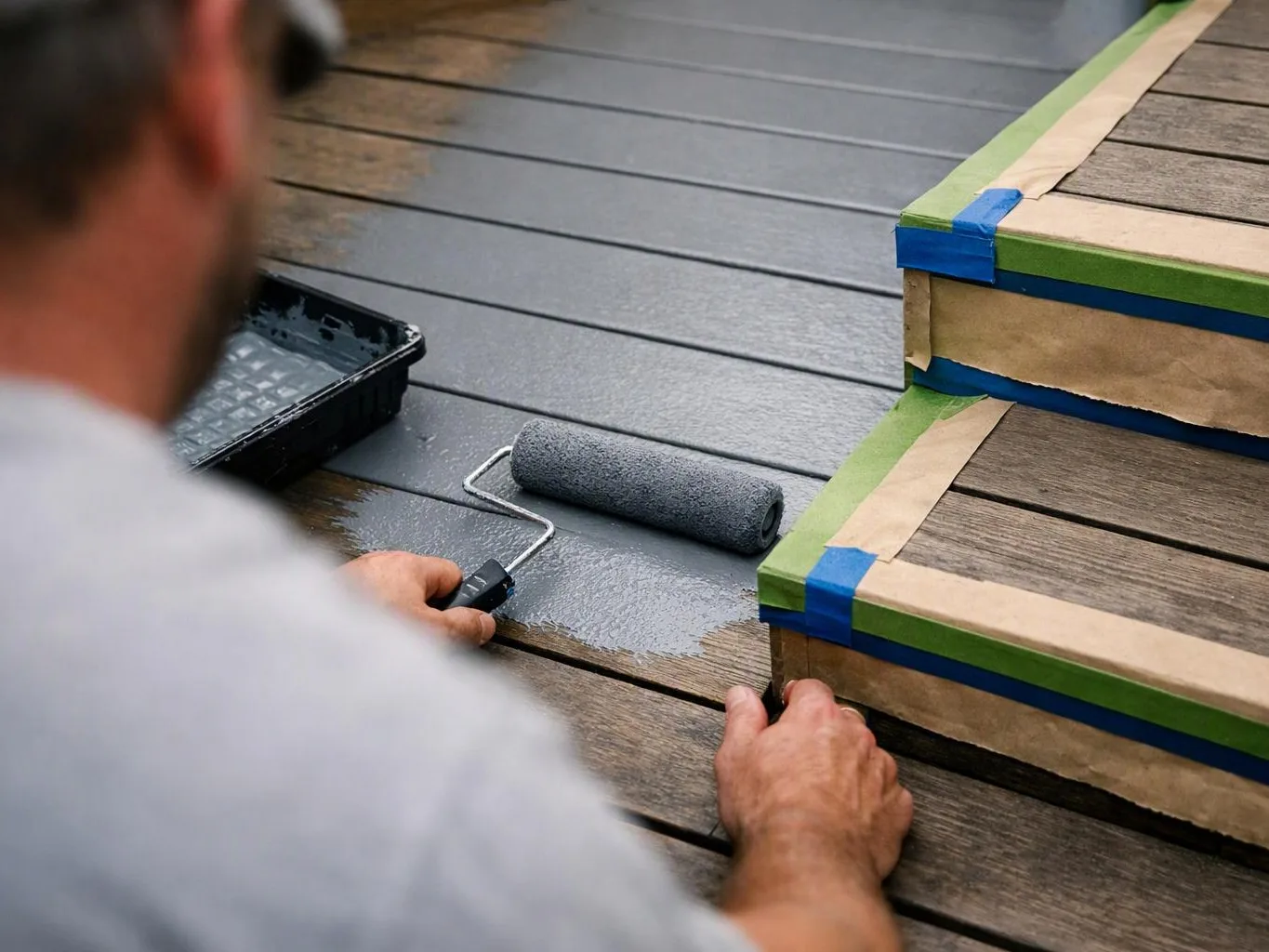 A person paints a wooden deck gray beside masked steps and a paint tray