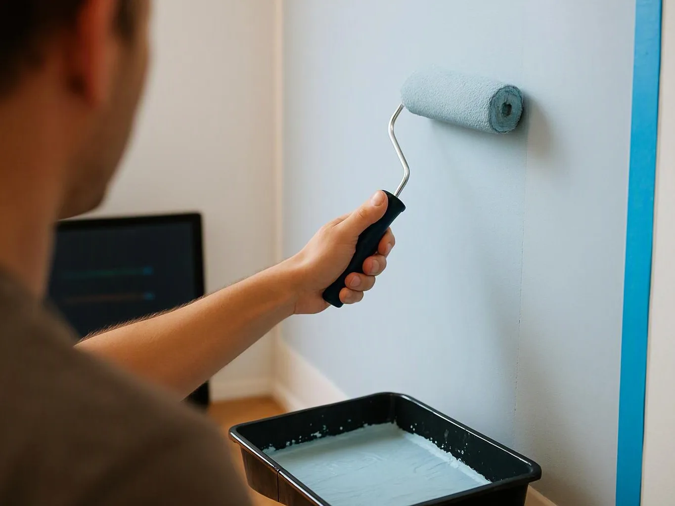 A person rolls light blue paint onto a wall beside a tray of paint in a room