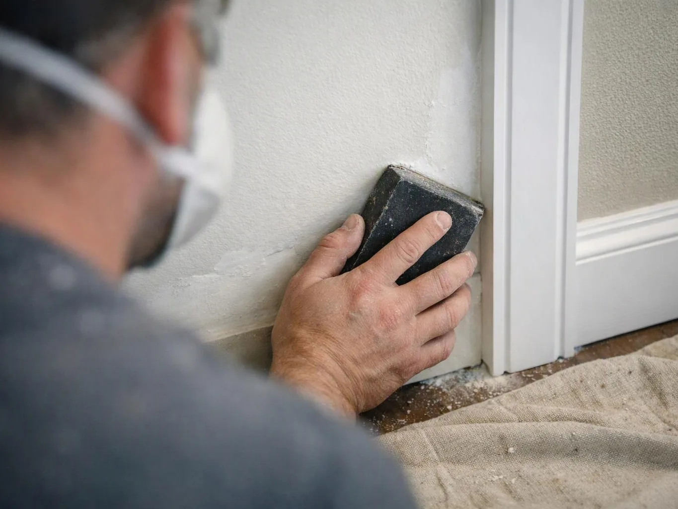 A person sands a wall corner beside white trim on a floor covered with a drop cloth