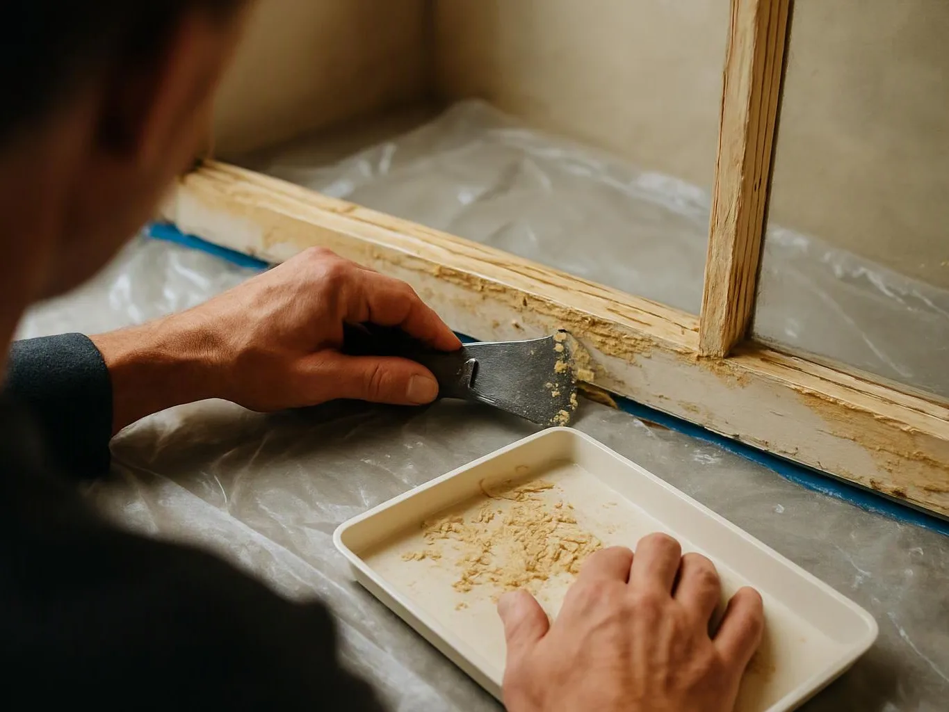 A person scrapes old paint from a wooden frame into a tray on a protected floor