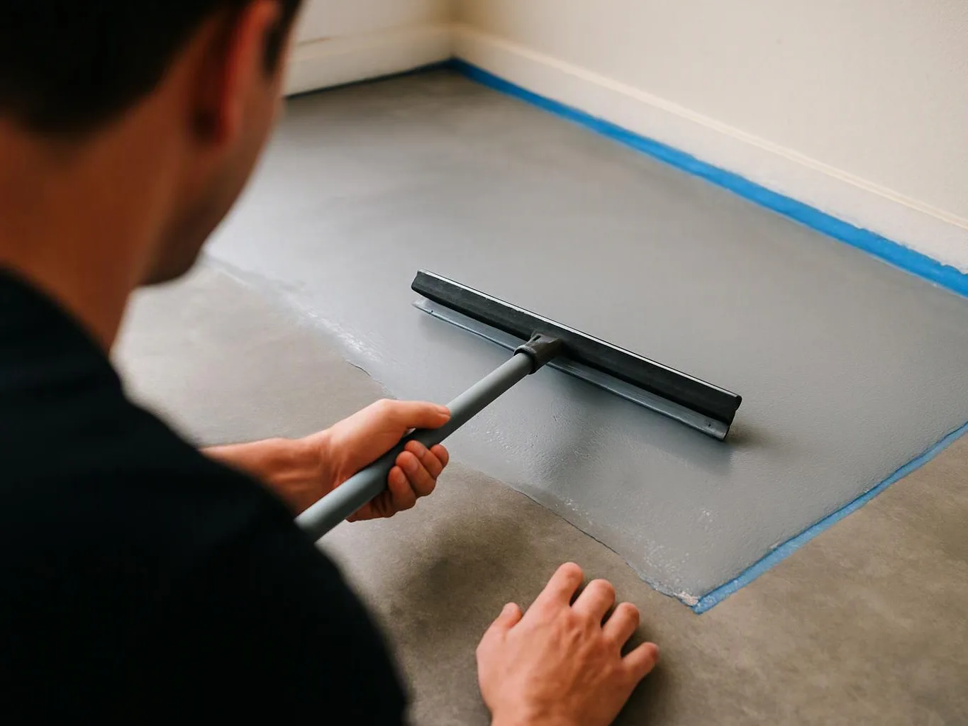 A person smooths fresh gray floor coating with a long squeegee in a bare room