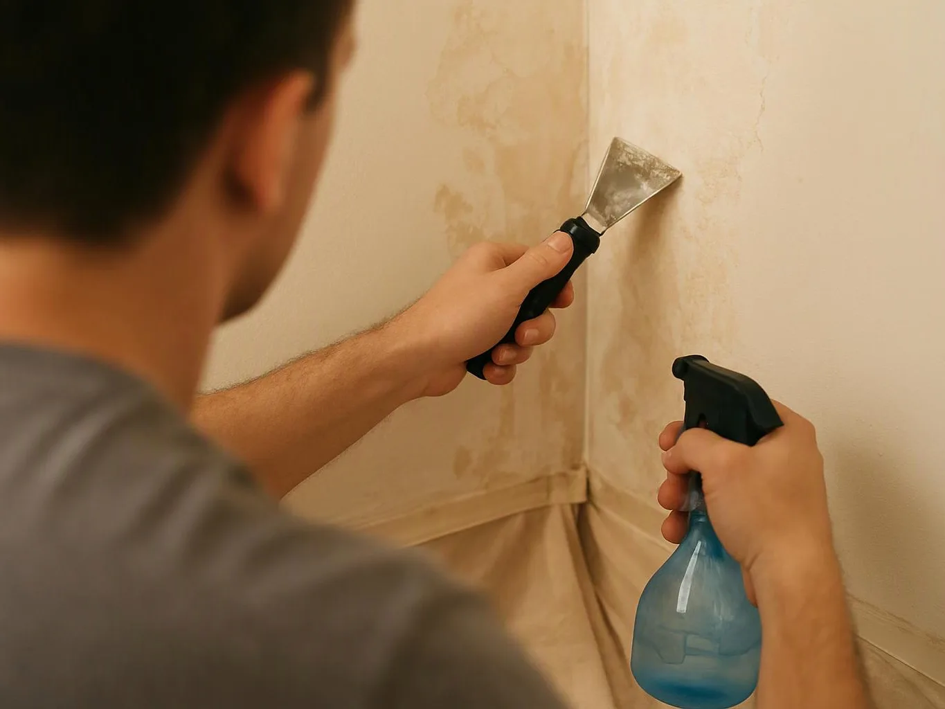 A person sprays a stained corner wall while scraping it with a putty knife