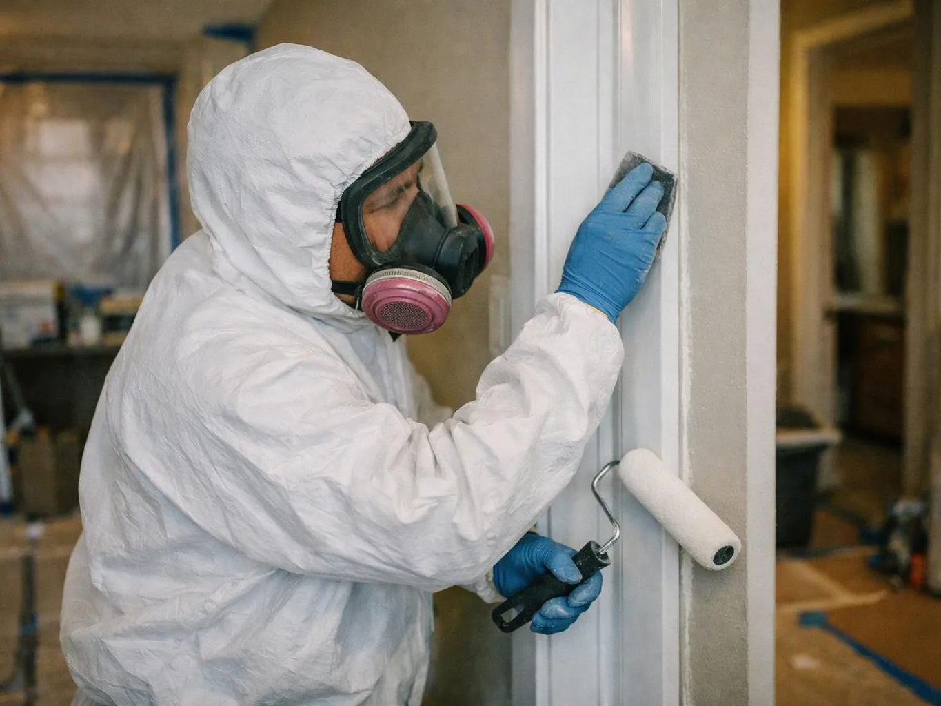 A person in a white protective suit and respirator paints a door frame with a roller indoors