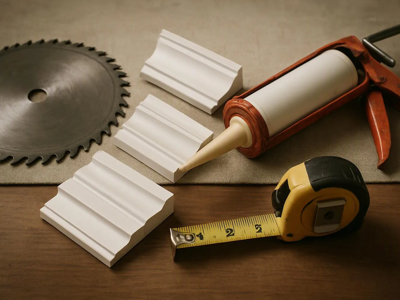 A saw blade, caulk gun, tape measure, and white trim pieces rest on a work surface