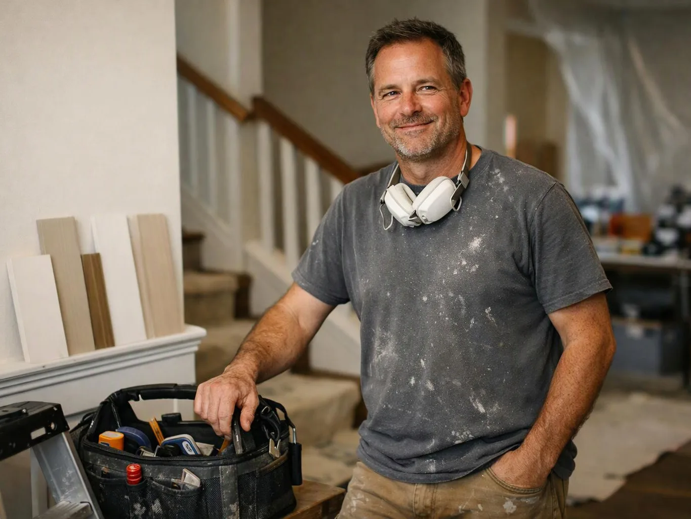 A smiling man with dust on his shirt stands in a home renovation space beside a tool bag and stairs